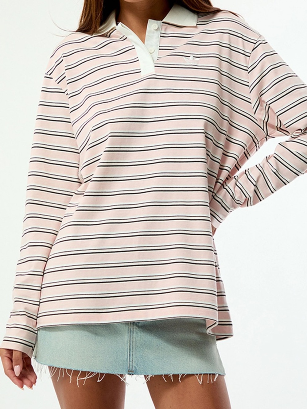 adidas Striped Long Sleeve Oversized Polo Shirt